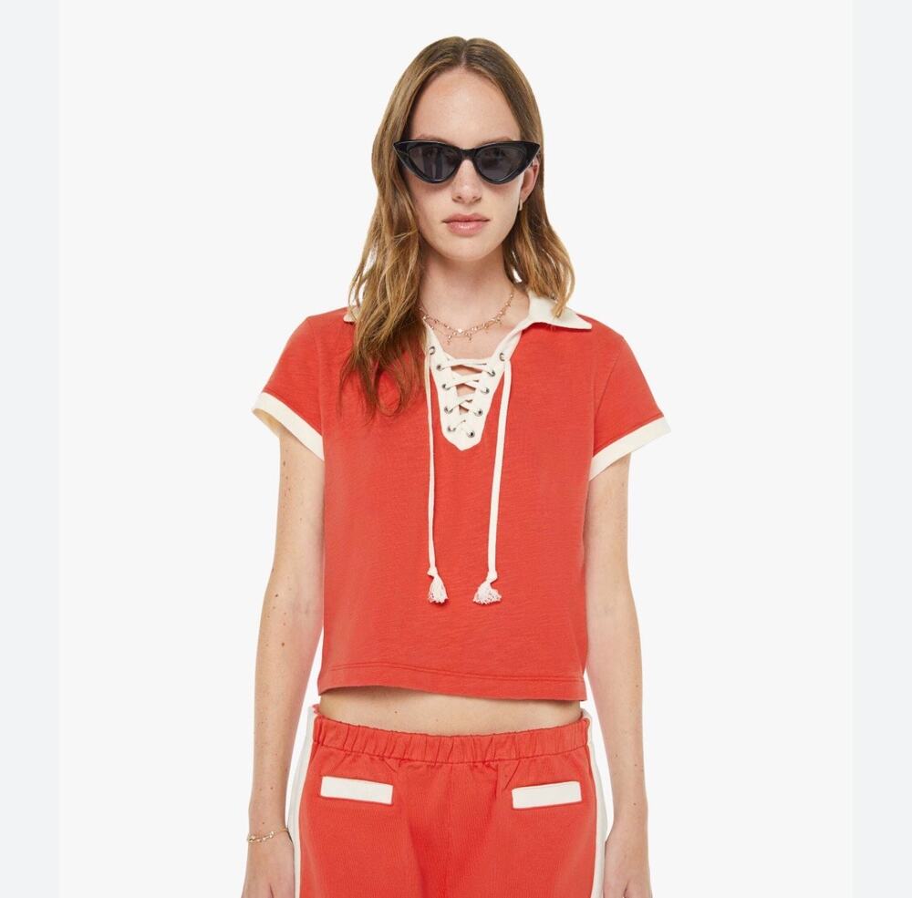 MOTHER The Lace Up Match T Shirt In Fiery Red L